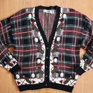 Vintage Crossings Plaid Golf Button Cardigan